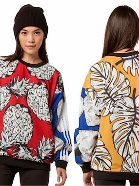 FARM RIO x ADIDAS PINEAPPLE LEAF POCKET SWEATSHIRT TOP MEDIUM DESIGNER WOMEN!